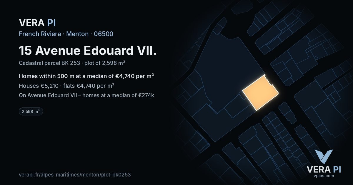 15 Avenue Edouard VII, Menton at night – the plot lit, the parcels around coloured by the prices near them