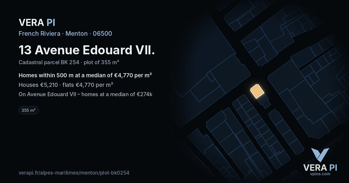 13 Avenue Edouard VII, Menton at night – the plot lit, the parcels around coloured by the prices near them