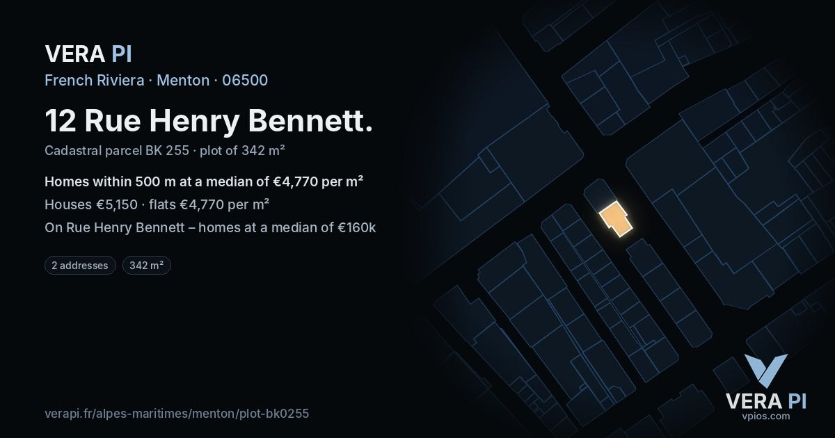 12 Rue Henry Bennett, Menton at night – the plot lit, the parcels around coloured by the prices near them