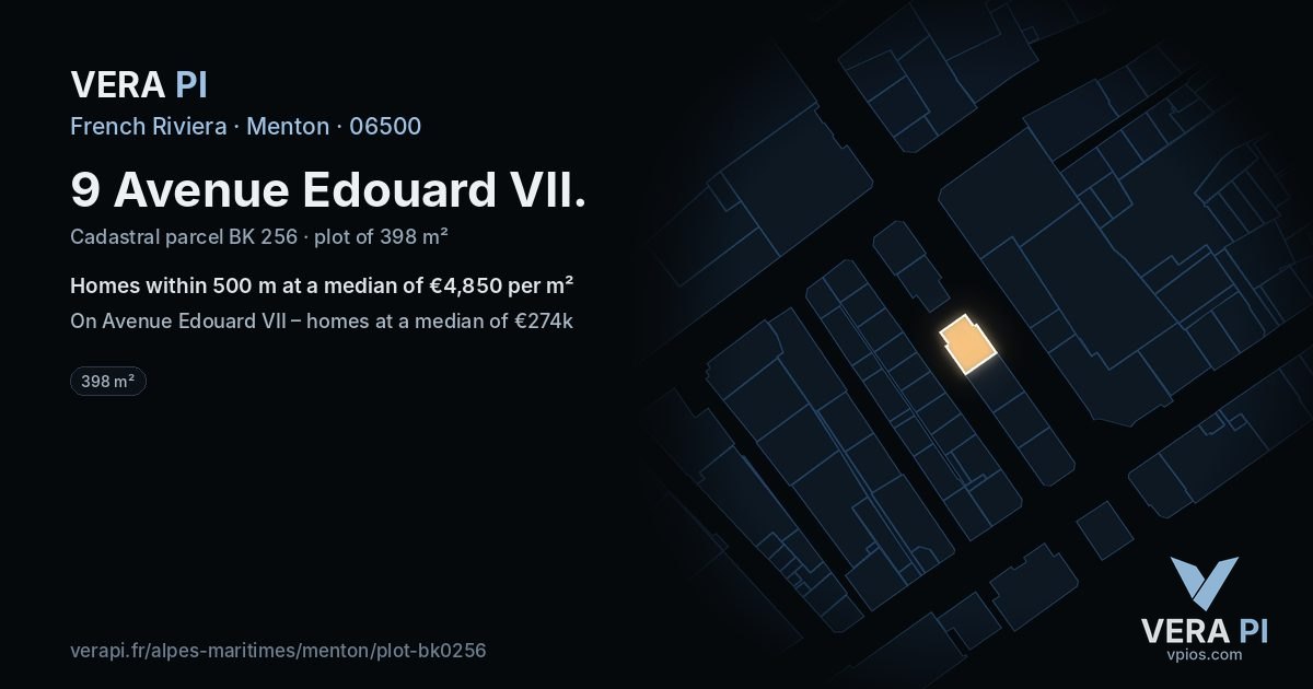 9 Avenue Edouard VII, Menton at night – the plot lit, the parcels around coloured by the prices near them