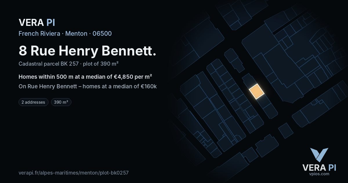 8 Rue Henry Bennett, Menton at night – the plot lit, the parcels around coloured by the prices near them