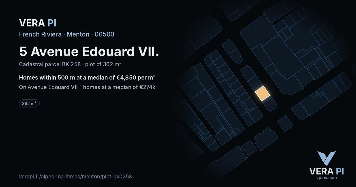 5 Avenue Edouard VII, Menton at night – the plot lit, the parcels around coloured by the prices near them