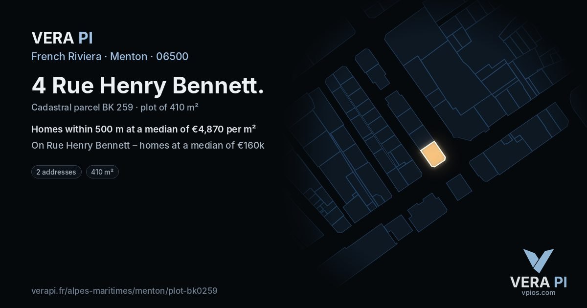 4 Rue Henry Bennett, Menton at night – the plot lit, the parcels around coloured by the prices near them