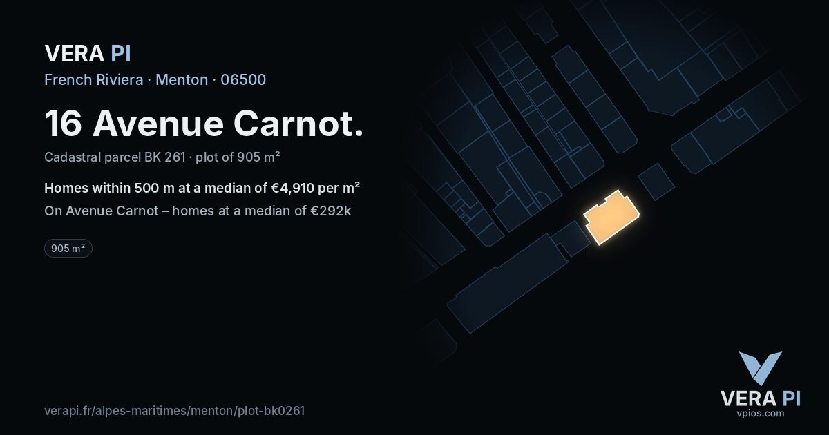 16 Avenue Carnot, Menton at night – the plot lit, the parcels around coloured by the prices near them