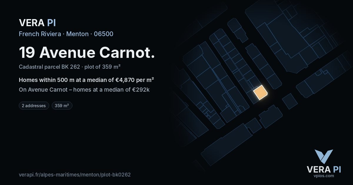 19 Avenue Carnot, Menton at night – the plot lit, the parcels around coloured by the prices near them