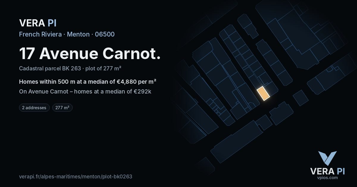 17 Avenue Carnot, Menton at night – the plot lit, the parcels around coloured by the prices near them