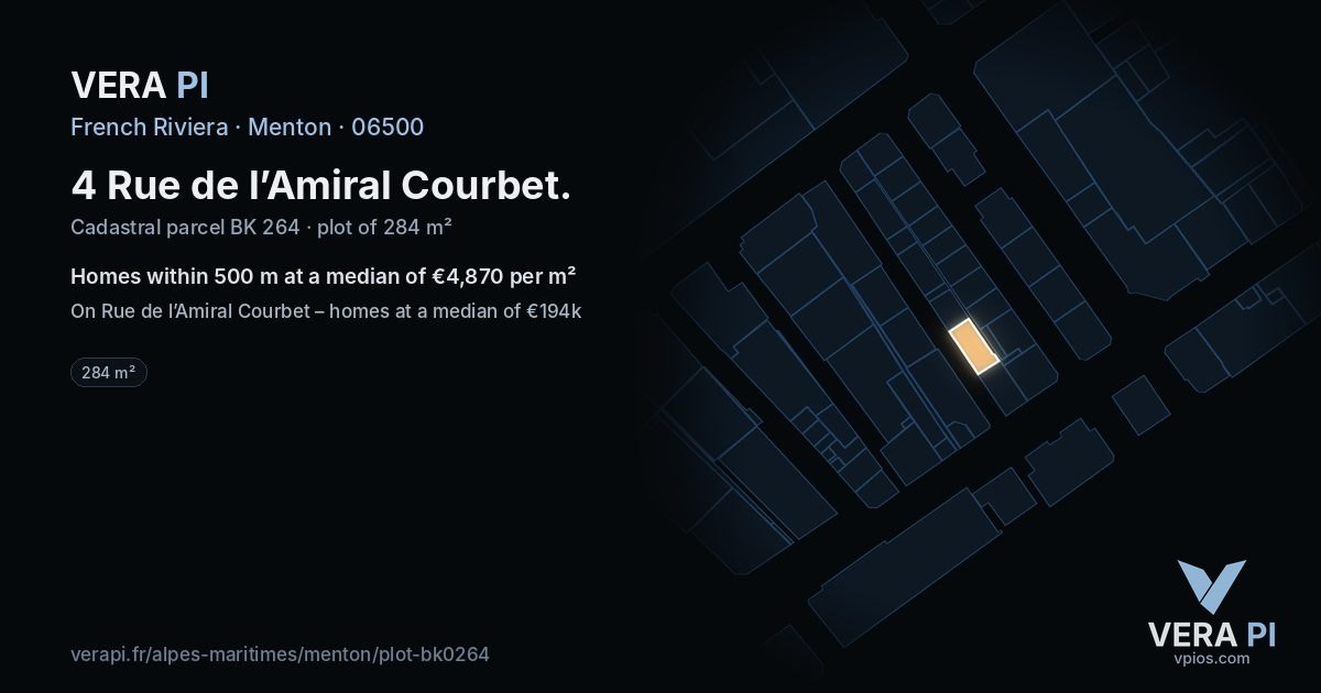 4 Rue de l’Amiral Courbet, Menton at night – the plot lit, the parcels around coloured by the prices near them