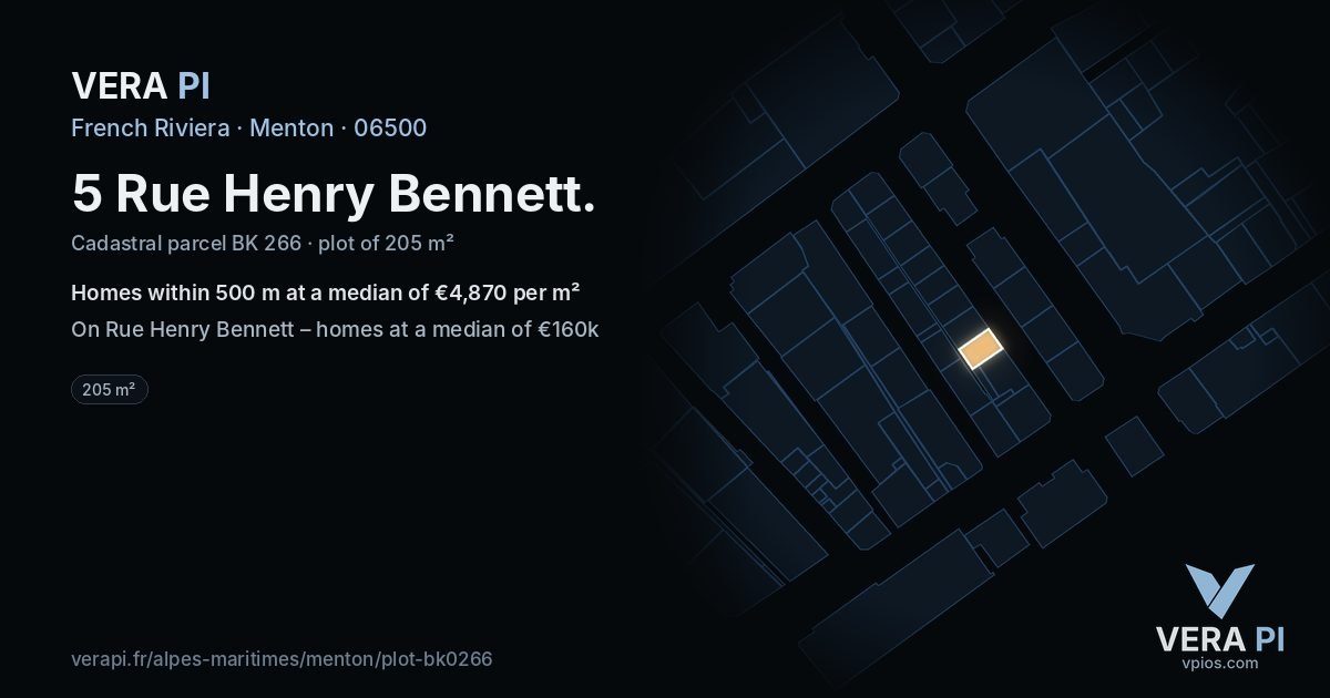 5 Rue Henry Bennett, Menton at night – the plot lit, the parcels around coloured by the prices near them
