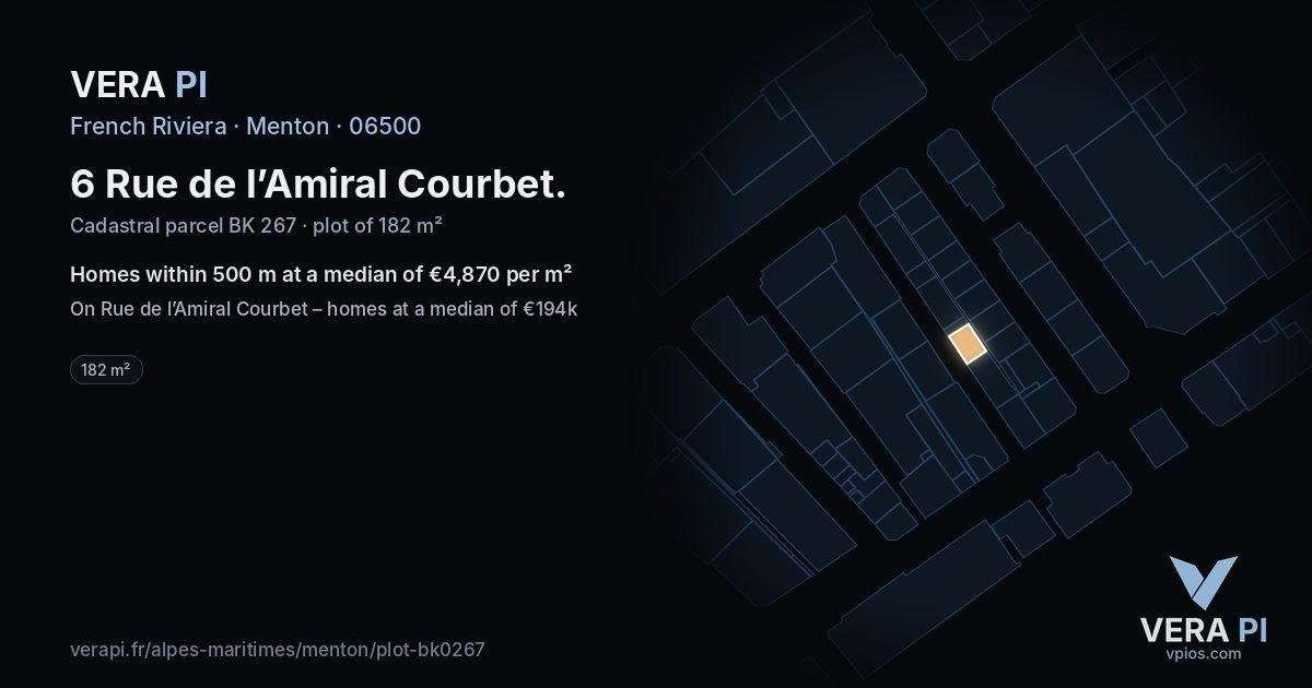 6 Rue de l’Amiral Courbet, Menton at night – the plot lit, the parcels around coloured by the prices near them