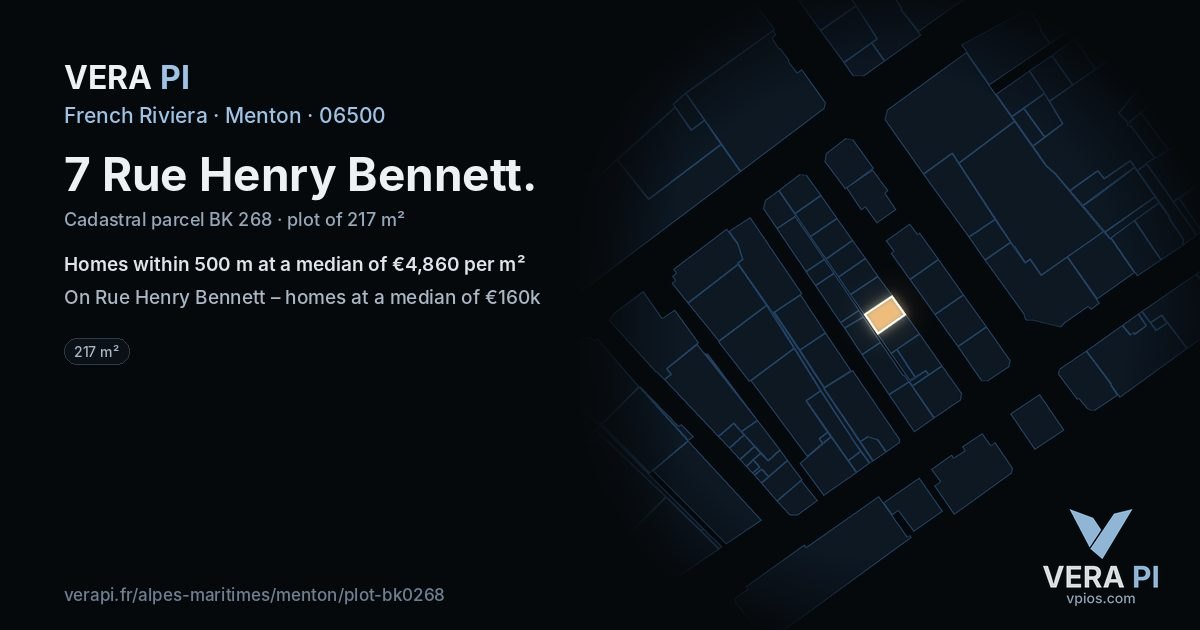 7 Rue Henry Bennett, Menton at night – the plot lit, the parcels around coloured by the prices near them