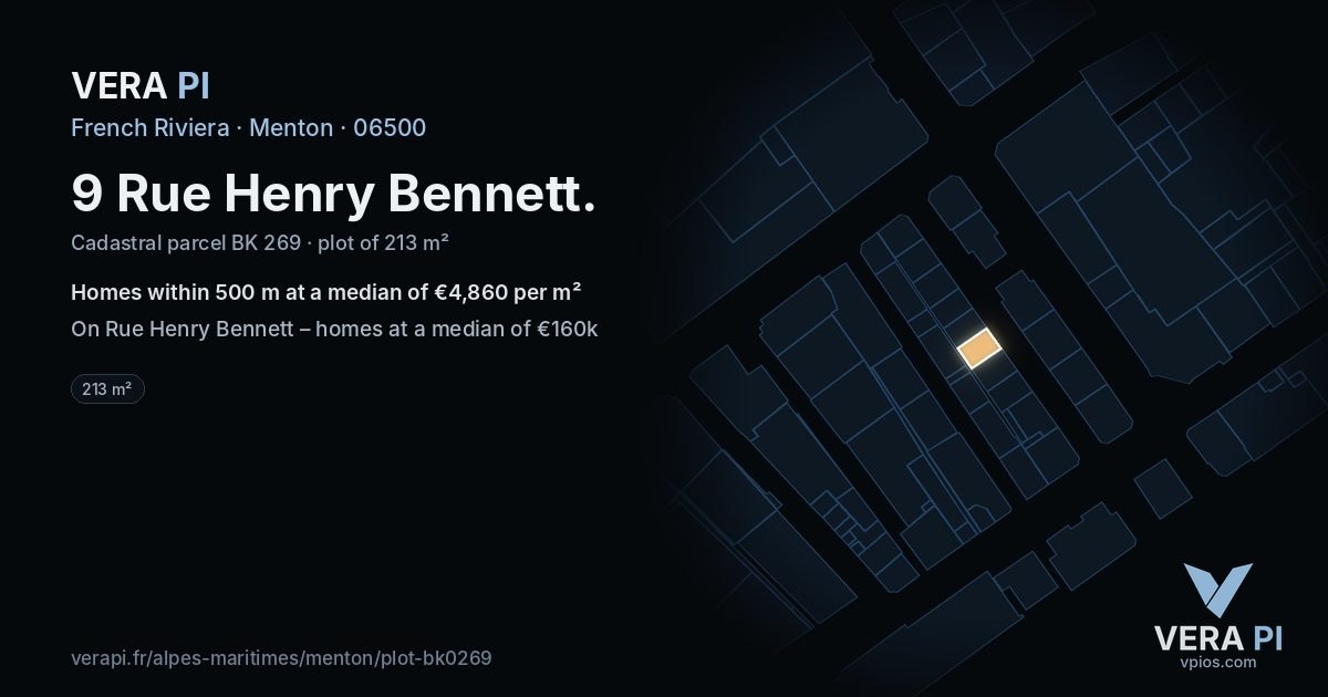 9 Rue Henry Bennett, Menton at night – the plot lit, the parcels around coloured by the prices near them
