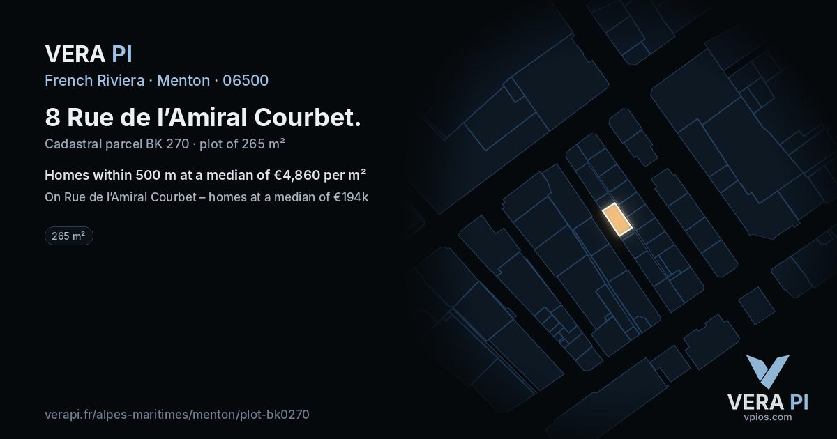 8 Rue de l’Amiral Courbet, Menton at night – the plot lit, the parcels around coloured by the prices near them