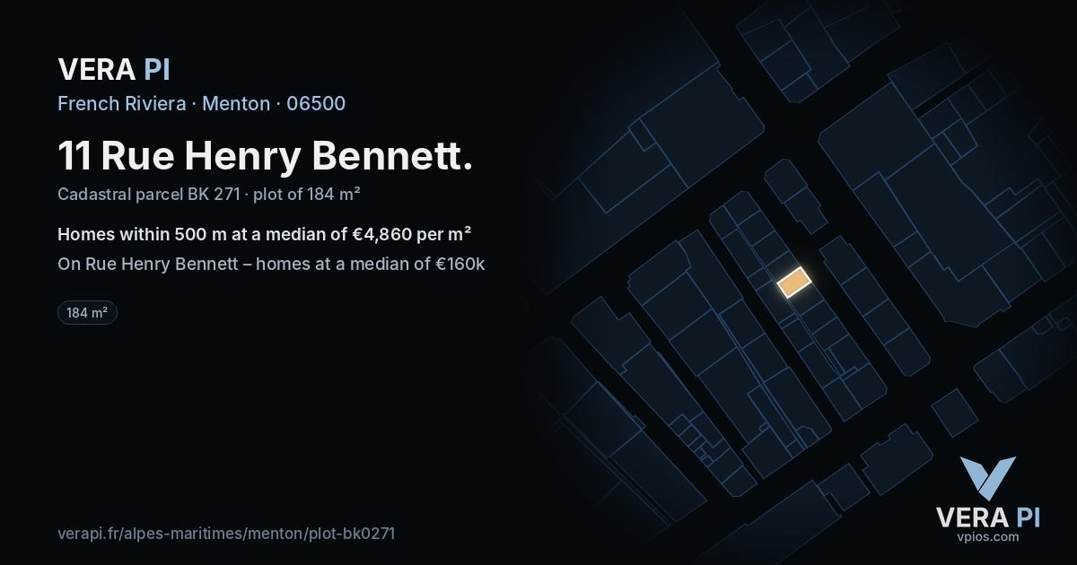 11 Rue Henry Bennett, Menton at night – the plot lit, the parcels around coloured by the prices near them
