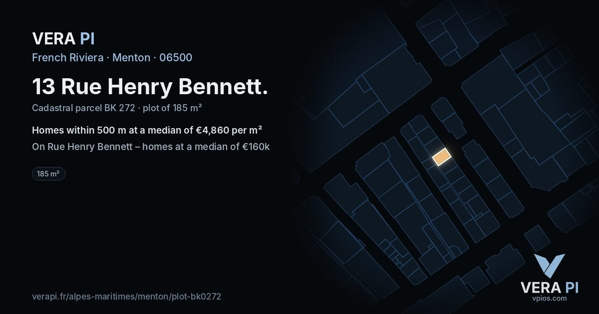 13 Rue Henry Bennett, Menton at night – the plot lit, the parcels around coloured by the prices near them
