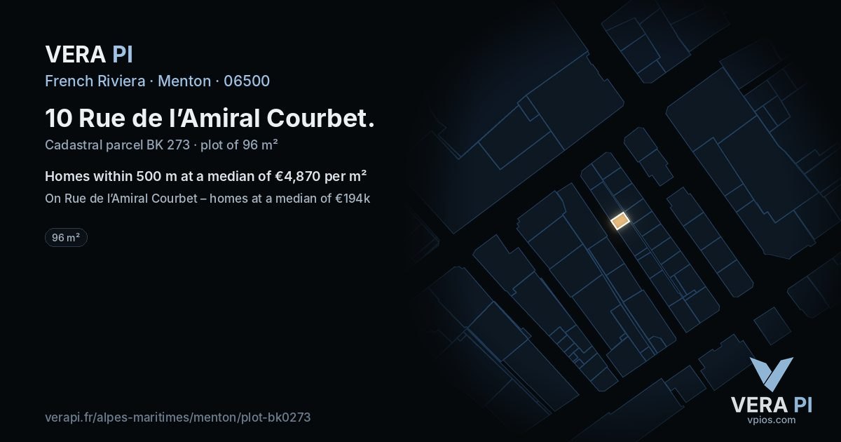 10 Rue de l’Amiral Courbet, Menton at night – the plot lit, the parcels around coloured by the prices near them