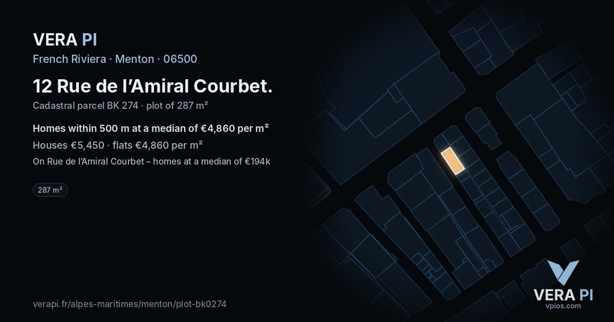 12 Rue de l’Amiral Courbet, Menton at night – the plot lit, the parcels around coloured by the prices near them