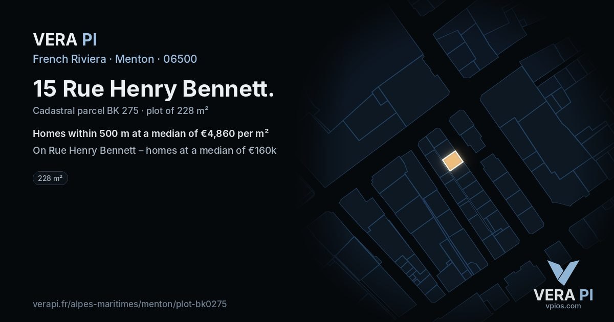 15 Rue Henry Bennett, Menton at night – the plot lit, the parcels around coloured by the prices near them