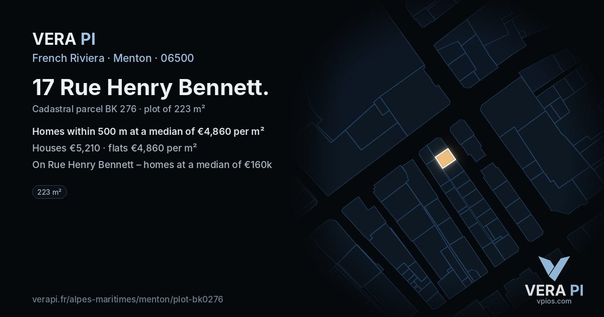 17 Rue Henry Bennett, Menton at night – the plot lit, the parcels around coloured by the prices near them