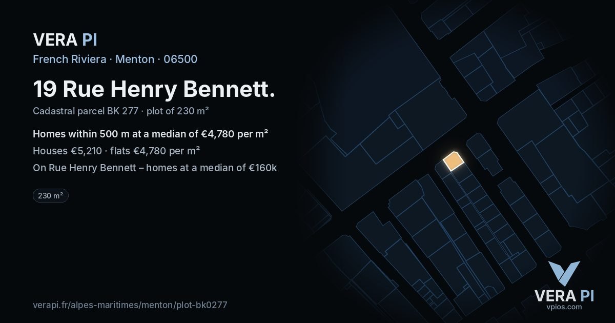 19 Rue Henry Bennett, Menton at night – the plot lit, the parcels around coloured by the prices near them