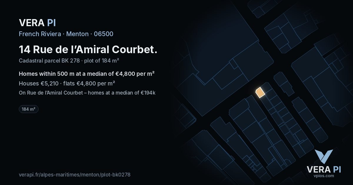 14 Rue de l’Amiral Courbet, Menton at night – the plot lit, the parcels around coloured by the prices near them