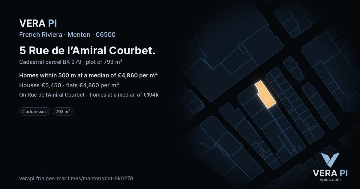 5 Rue de l’Amiral Courbet, Menton at night – the plot lit, the parcels around coloured by the prices near them