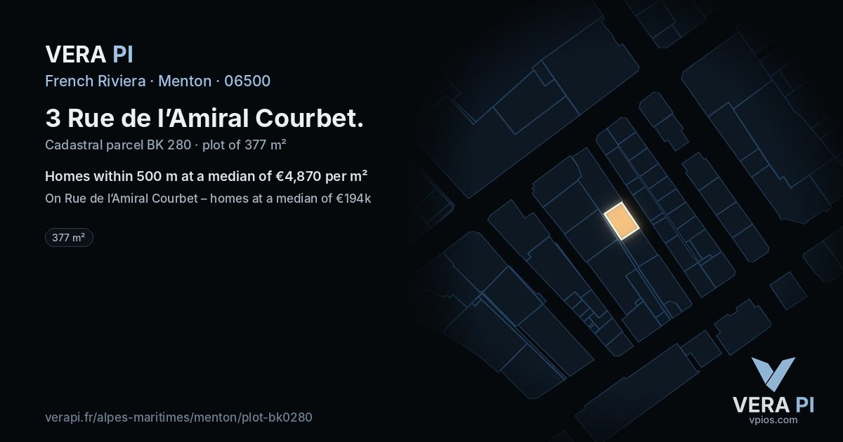 3 Rue de l’Amiral Courbet, Menton at night – the plot lit, the parcels around coloured by the prices near them