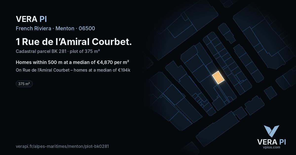 1 Rue de l’Amiral Courbet, Menton at night – the plot lit, the parcels around coloured by the prices near them