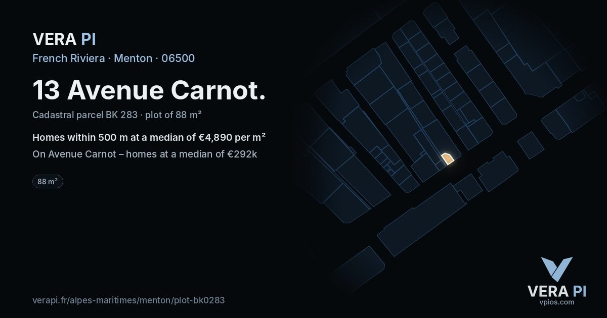 13 Avenue Carnot, Menton at night – the plot lit, the parcels around coloured by the prices near them