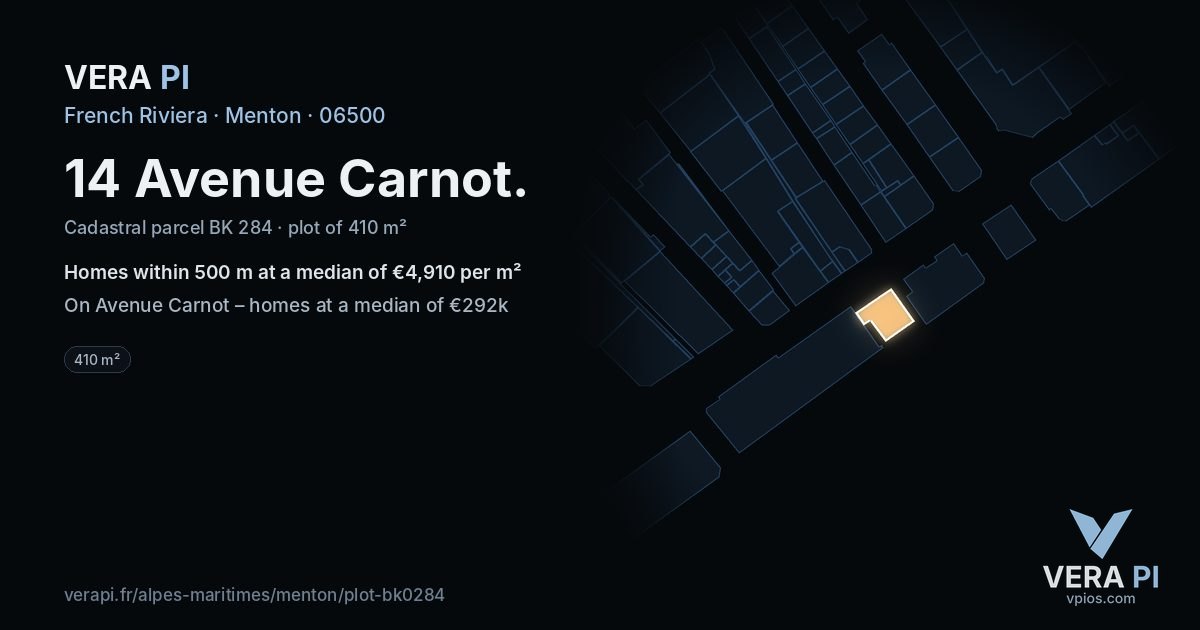 14 Avenue Carnot, Menton at night – the plot lit, the parcels around coloured by the prices near them
