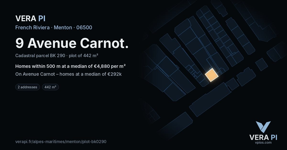 9 Avenue Carnot, Menton at night – the plot lit, the parcels around coloured by the prices near them