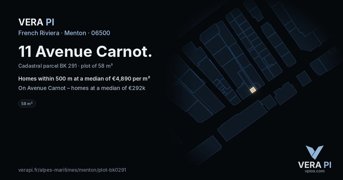 11 Avenue Carnot, Menton at night – the plot lit, the parcels around coloured by the prices near them