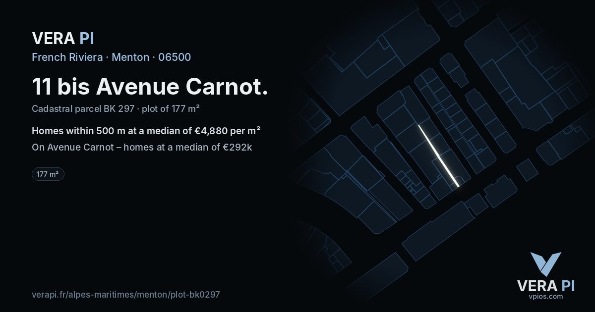 11 bis Avenue Carnot, Menton at night – the plot lit, the parcels around coloured by the prices near them