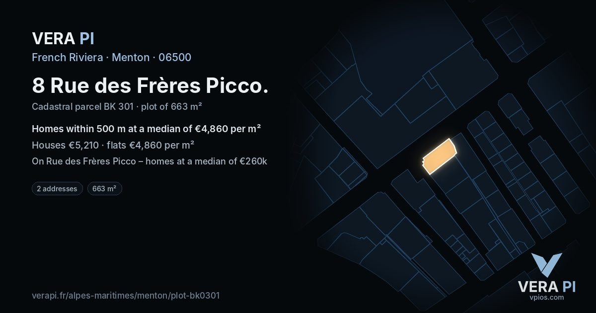 8 Rue des Frères Picco, Menton at night – the plot lit, the parcels around coloured by the prices near them