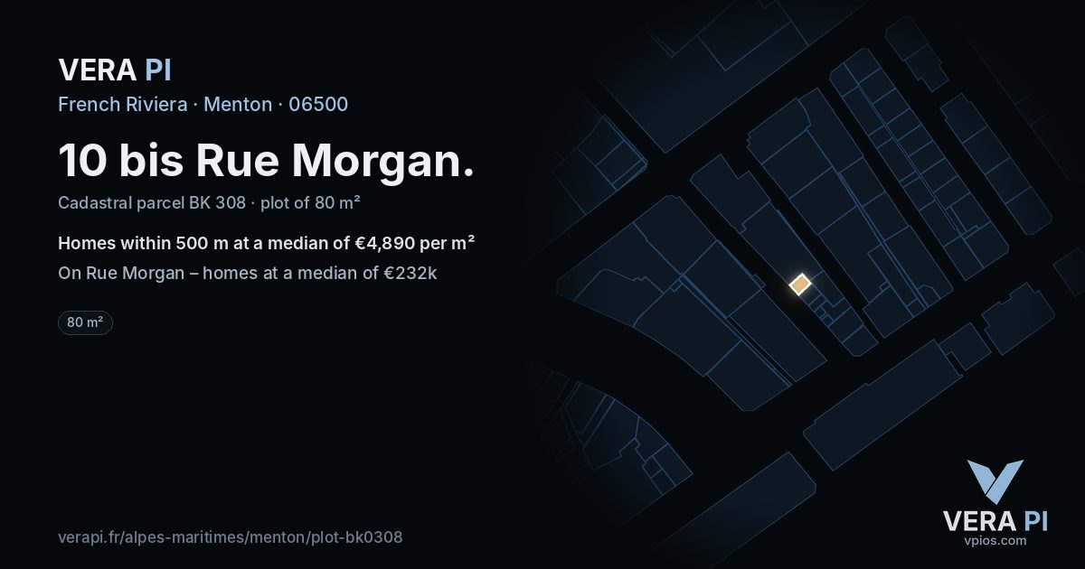 10 bis Rue Morgan, Menton at night – the plot lit, the parcels around coloured by the prices near them