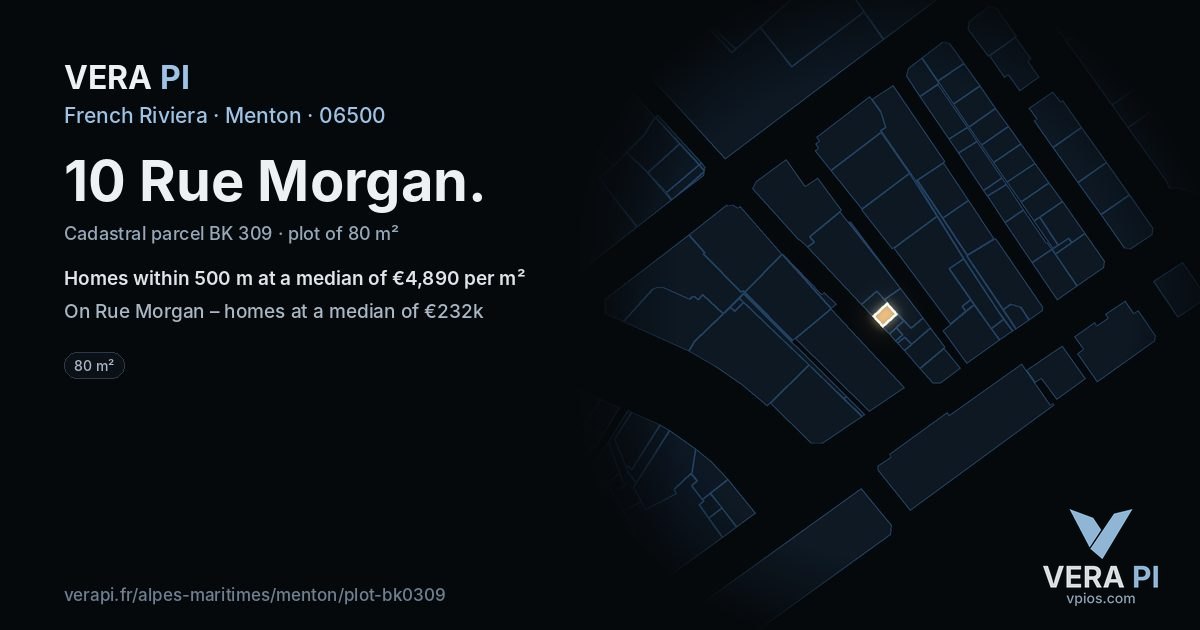10 Rue Morgan, Menton at night – the plot lit, the parcels around coloured by the prices near them