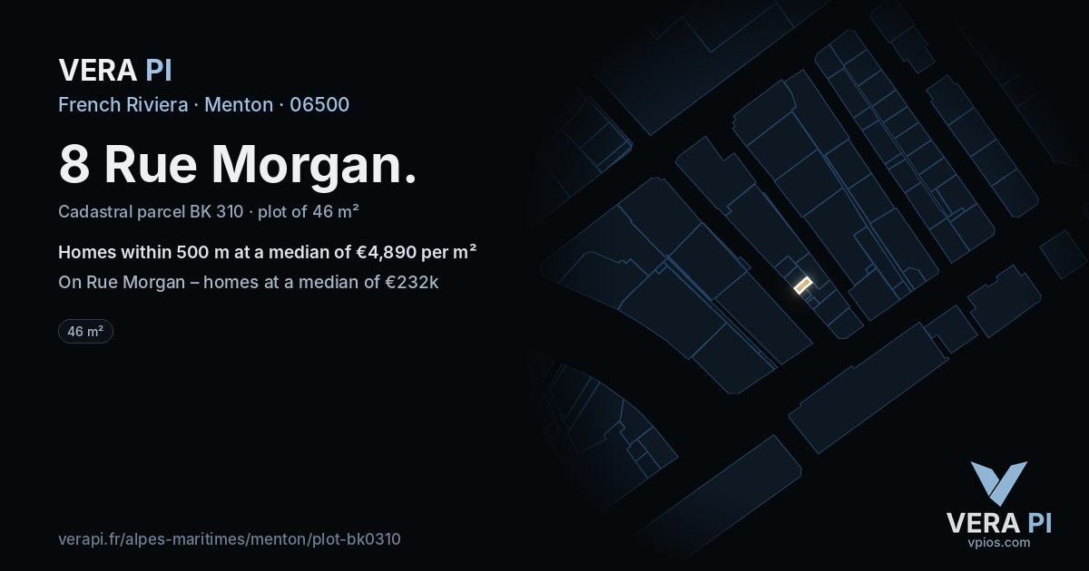 8 Rue Morgan, Menton at night – the plot lit, the parcels around coloured by the prices near them