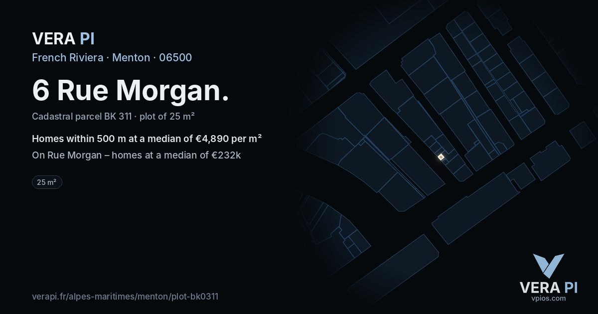 6 Rue Morgan, Menton at night – the plot lit, the parcels around coloured by the prices near them