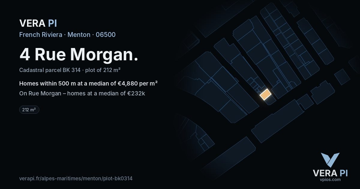4 Rue Morgan, Menton at night – the plot lit, the parcels around coloured by the prices near them