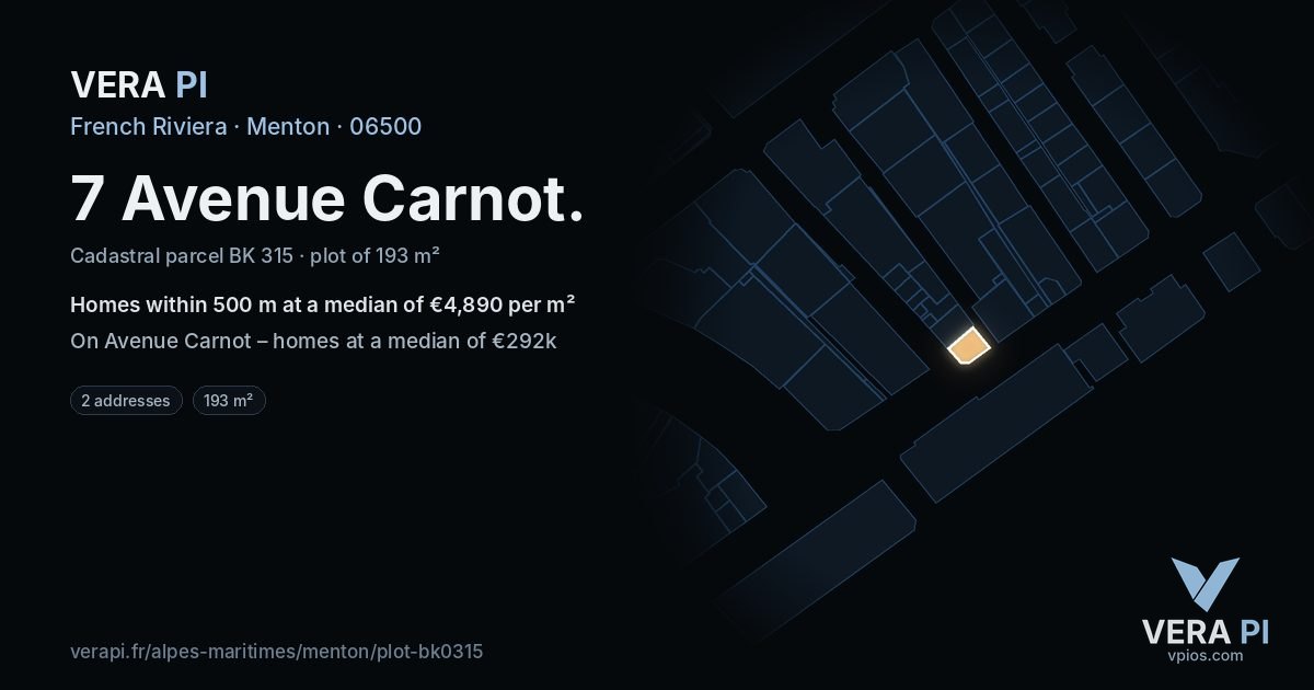 7 Avenue Carnot, Menton at night – the plot lit, the parcels around coloured by the prices near them