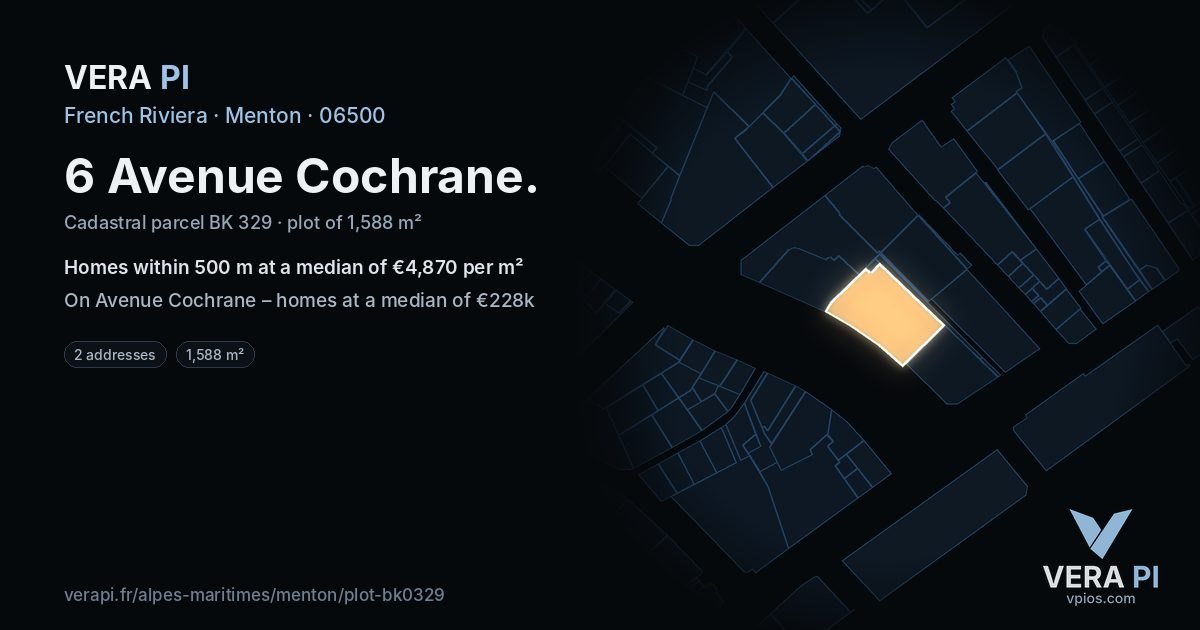 6 Avenue Cochrane, Menton at night – the plot lit, the parcels around coloured by the prices near them