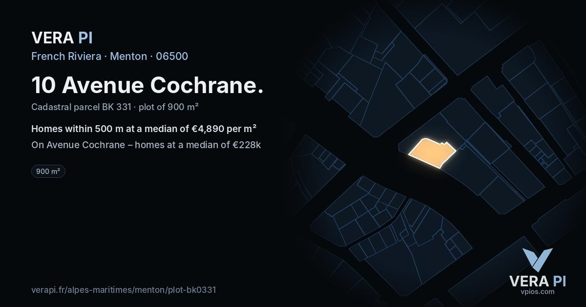 10 Avenue Cochrane, Menton at night – the plot lit, the parcels around coloured by the prices near them