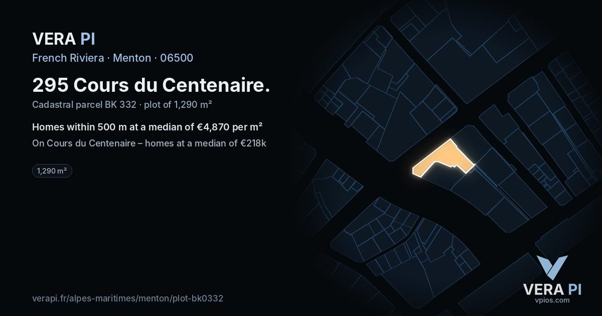 295 Cours du Centenaire, Menton at night – the plot lit, the parcels around coloured by the prices near them