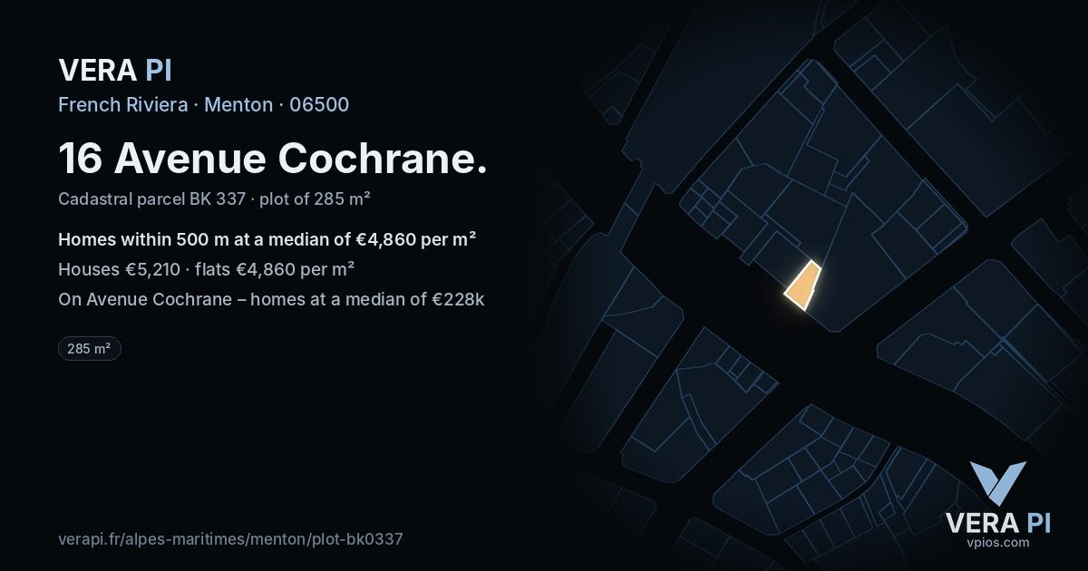 16 Avenue Cochrane, Menton at night – the plot lit, the parcels around coloured by the prices near them