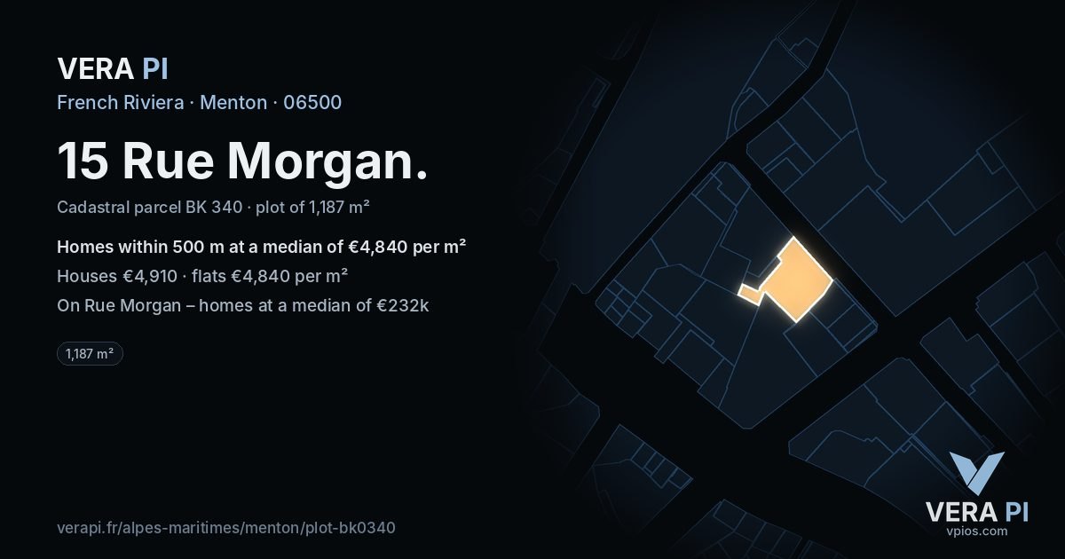 15 Rue Morgan, Menton at night – the plot lit, the parcels around coloured by the prices near them