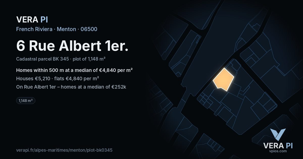 6 Rue Albert 1er, Menton at night – the plot lit, the parcels around coloured by the prices near them