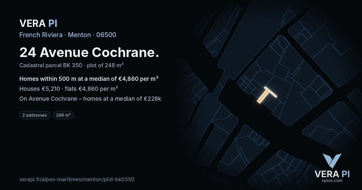 24 Avenue Cochrane, Menton at night – the plot lit, the parcels around coloured by the prices near them
