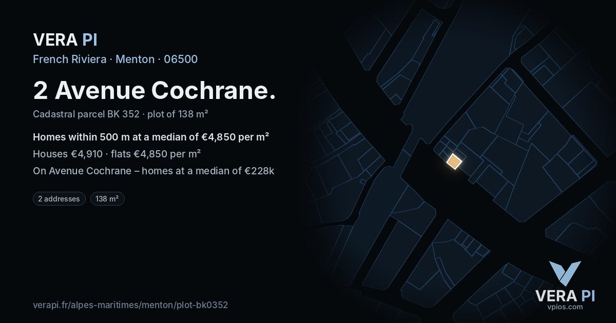 2 Avenue Cochrane, Menton at night – the plot lit, the parcels around coloured by the prices near them