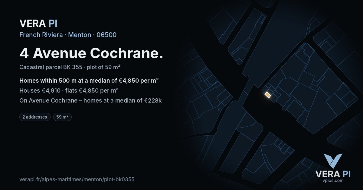 4 Avenue Cochrane, Menton at night – the plot lit, the parcels around coloured by the prices near them