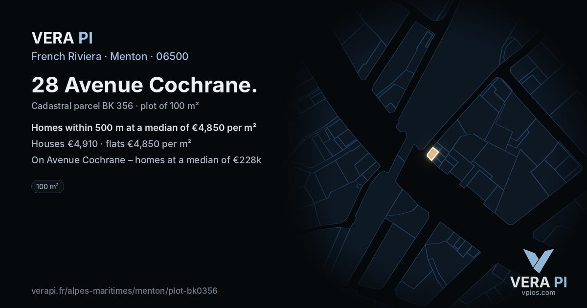 28 Avenue Cochrane, Menton at night – the plot lit, the parcels around coloured by the prices near them