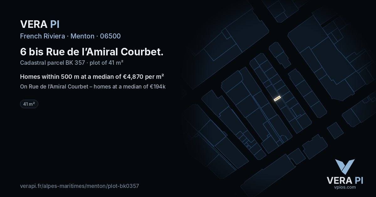 6 bis Rue de l’Amiral Courbet, Menton at night – the plot lit, the parcels around coloured by the prices near them